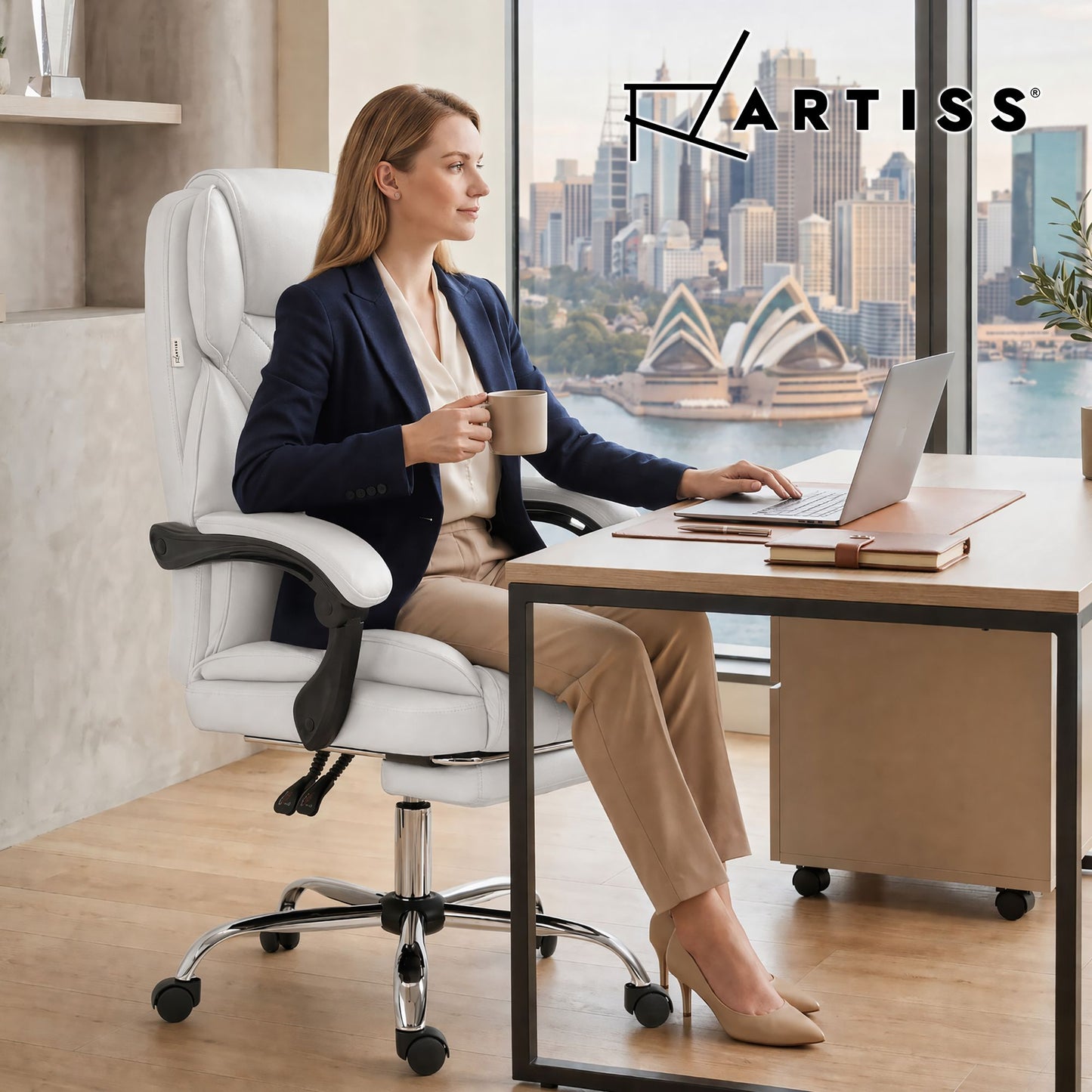 Executive Office Chair Leather with Footrest - White