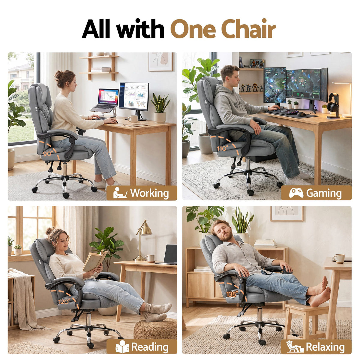 Executive Office Chair Fabric Recliner - Grey