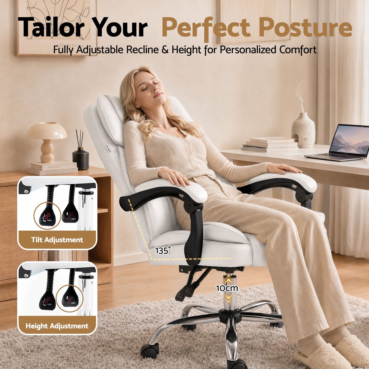 Executive Office Chair Leather Recliner - White