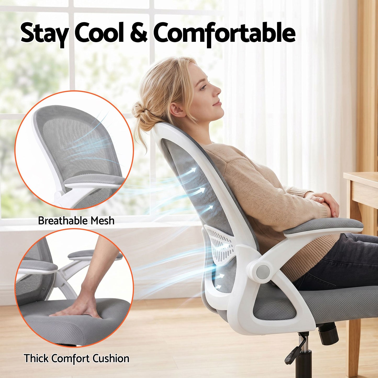 Office Chair Mesh Computer Desk Mid Back Work Home Study - Grey