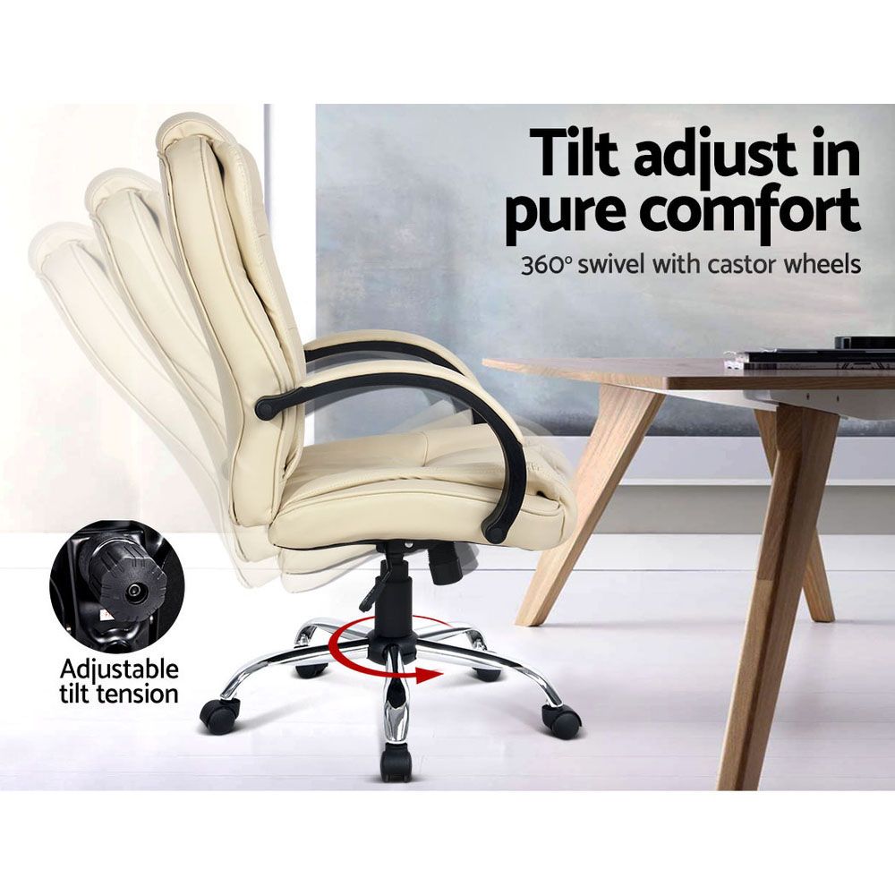 Gaming Office Chair Executive Computer Chairs PU Leather Seat - Beige