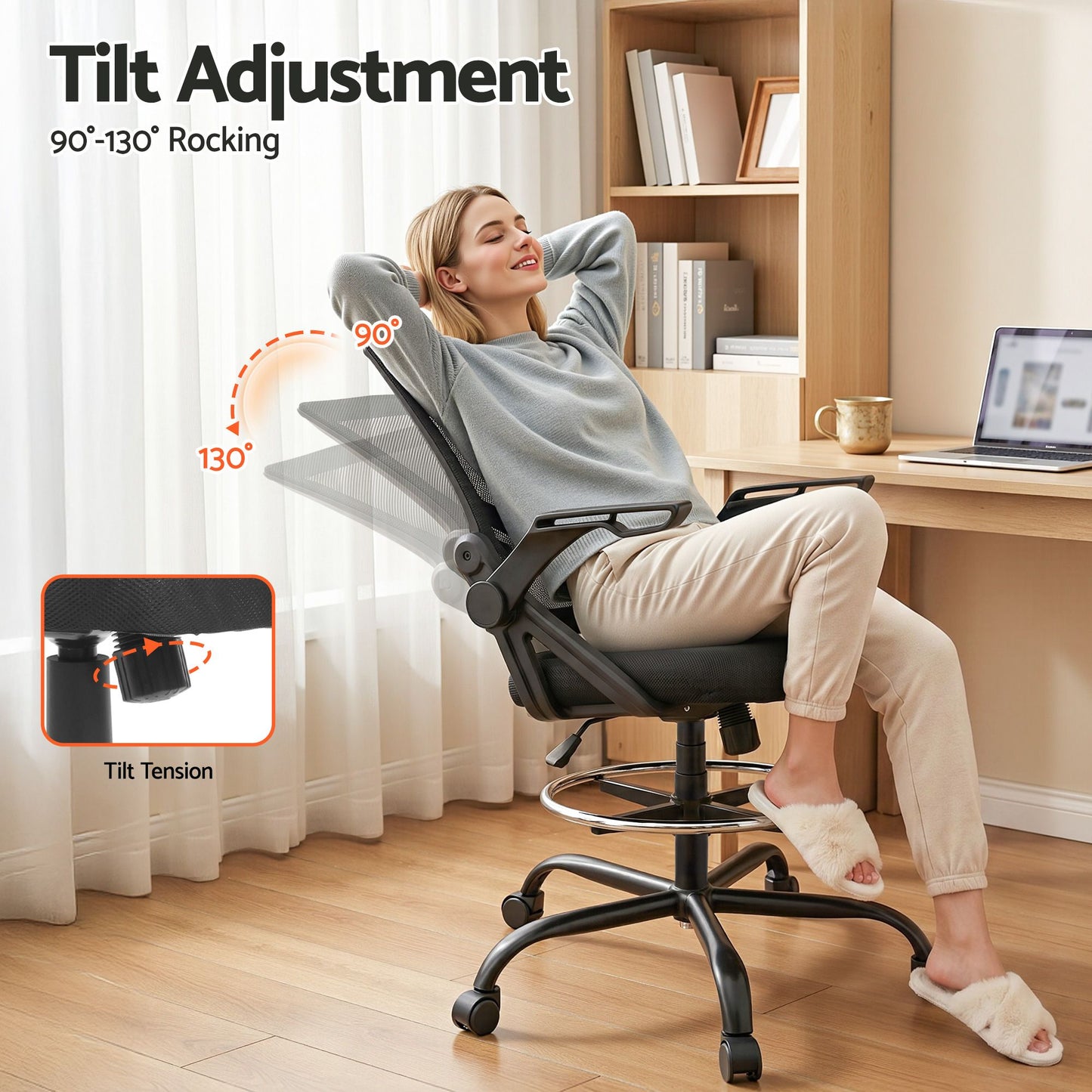 Office Chair Veer Drafting Stool Mesh Chairs Flip Up Armrest Black