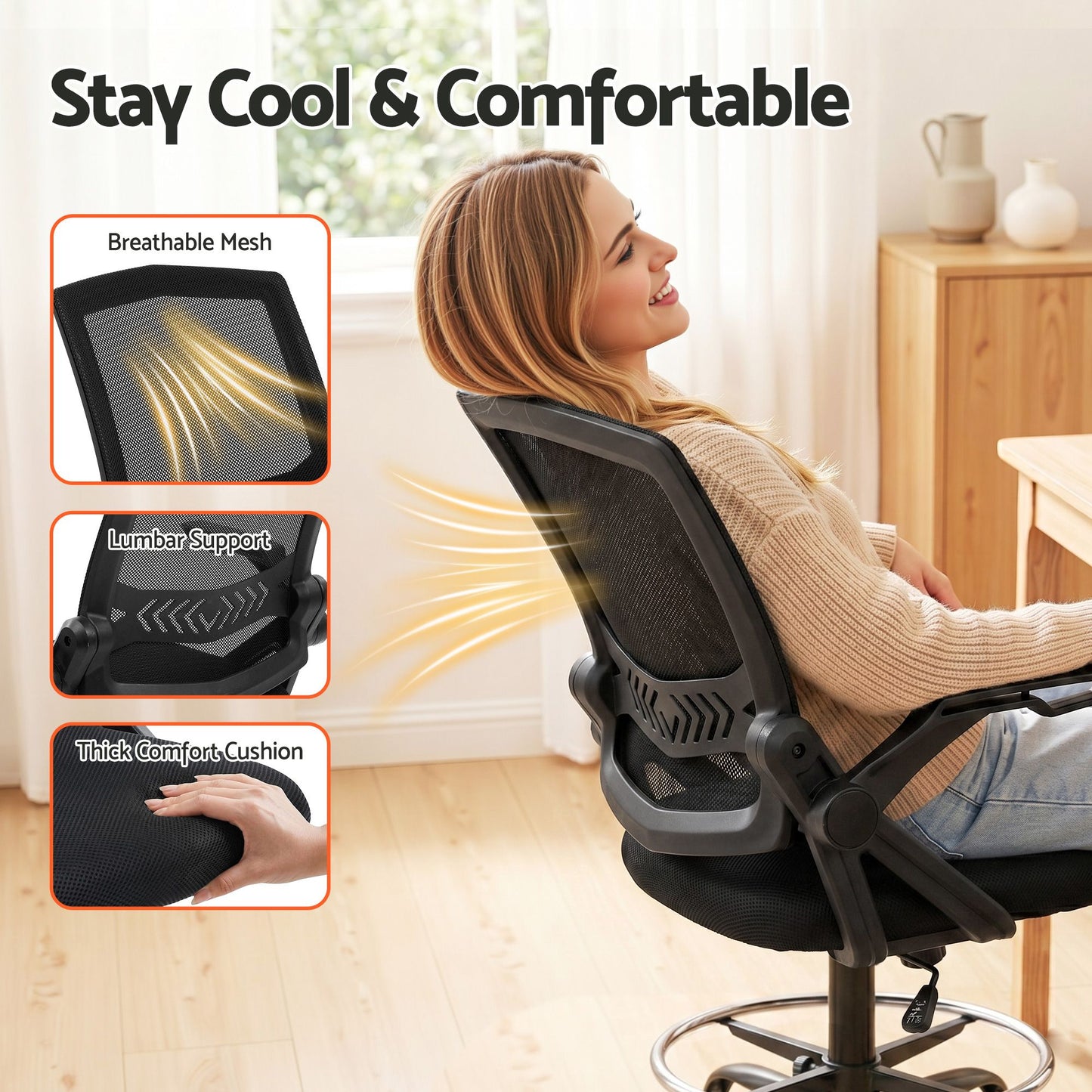 Office Chair Veer Drafting Stool Mesh Chairs Flip Up Armrest Black