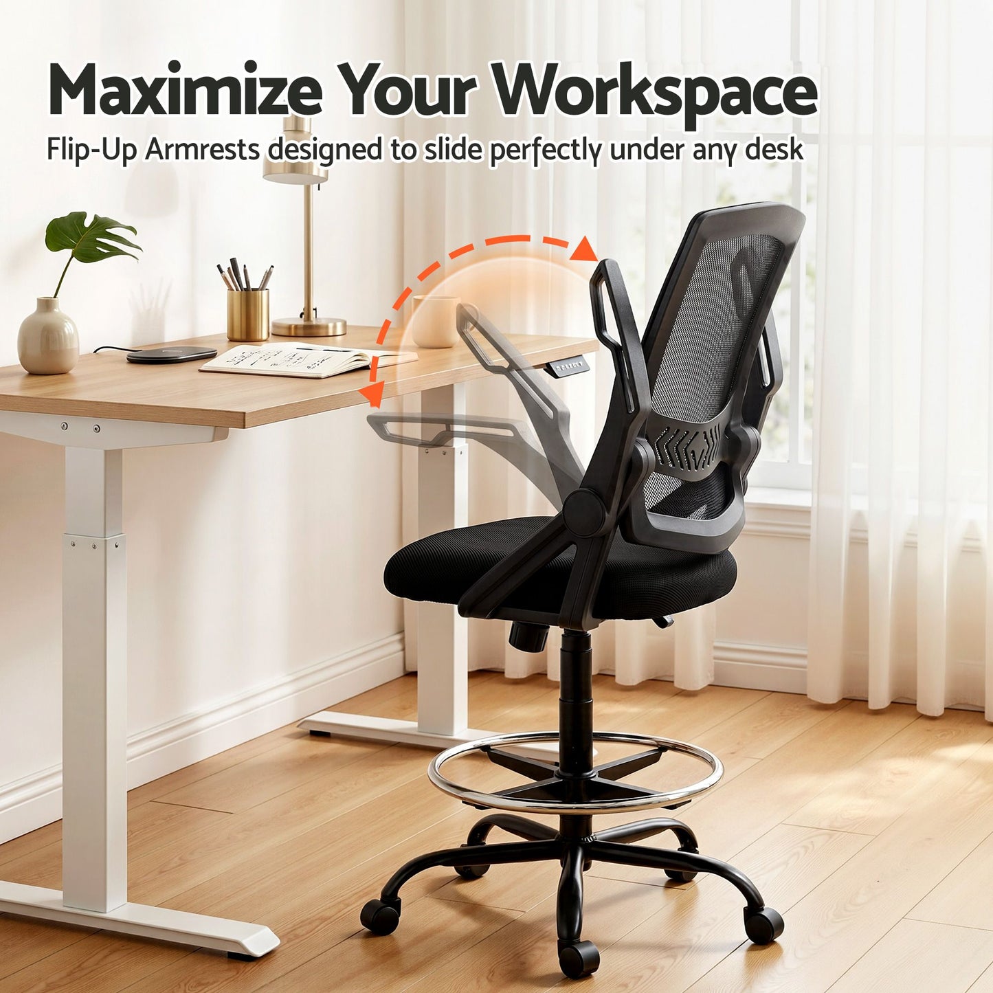 Office Chair Veer Drafting Stool Mesh Chairs Flip Up Armrest Black