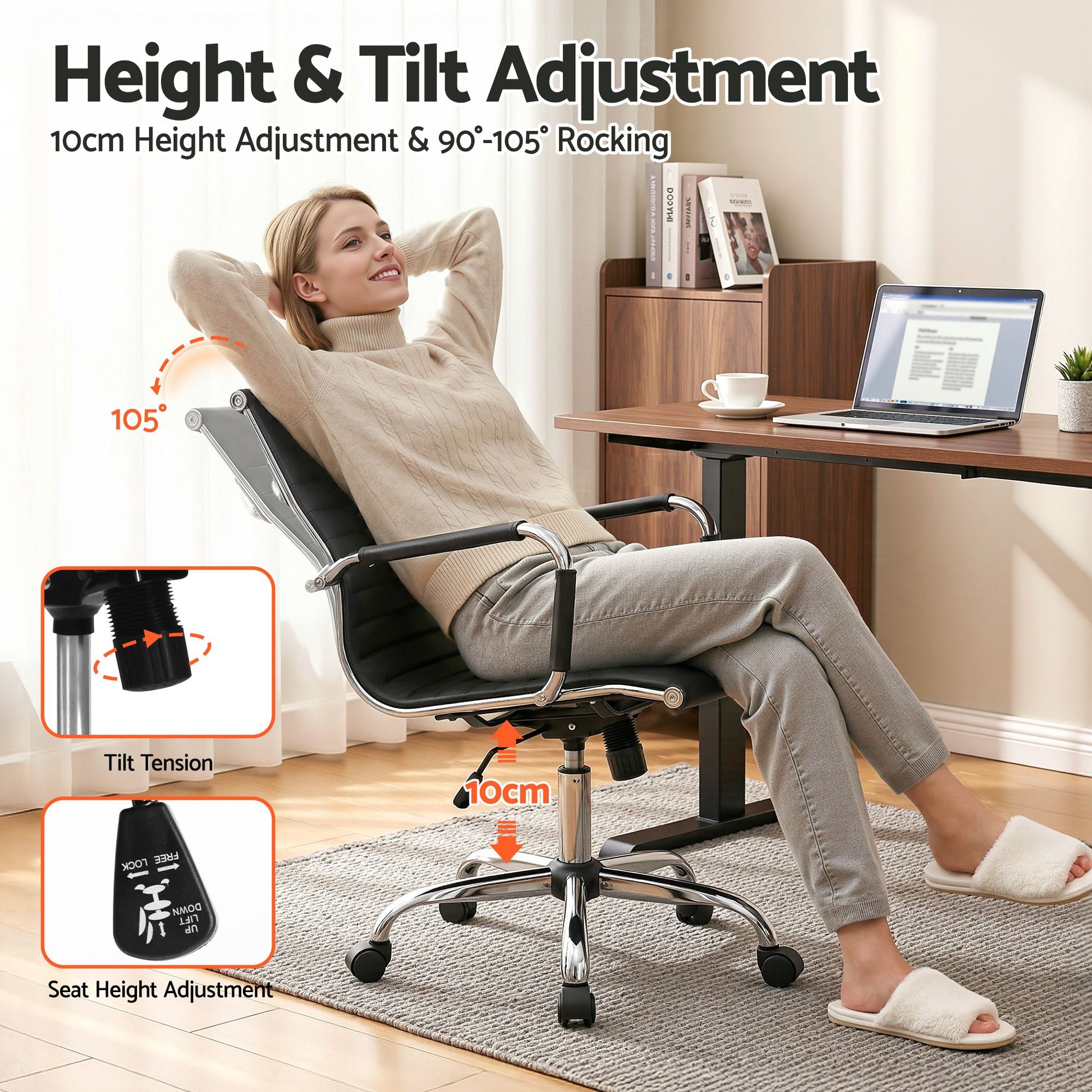 Black leather office chair with mid-back seat