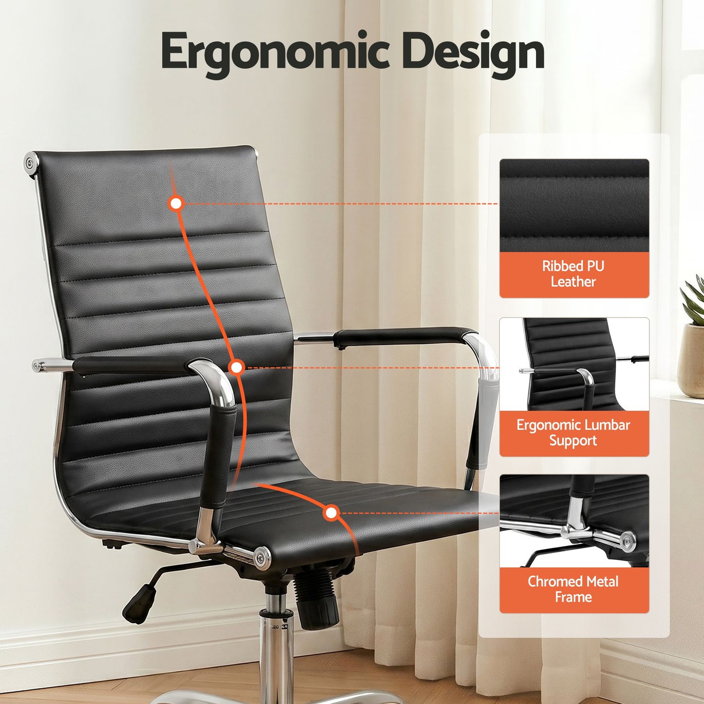 Black leather office chair with front angle shown