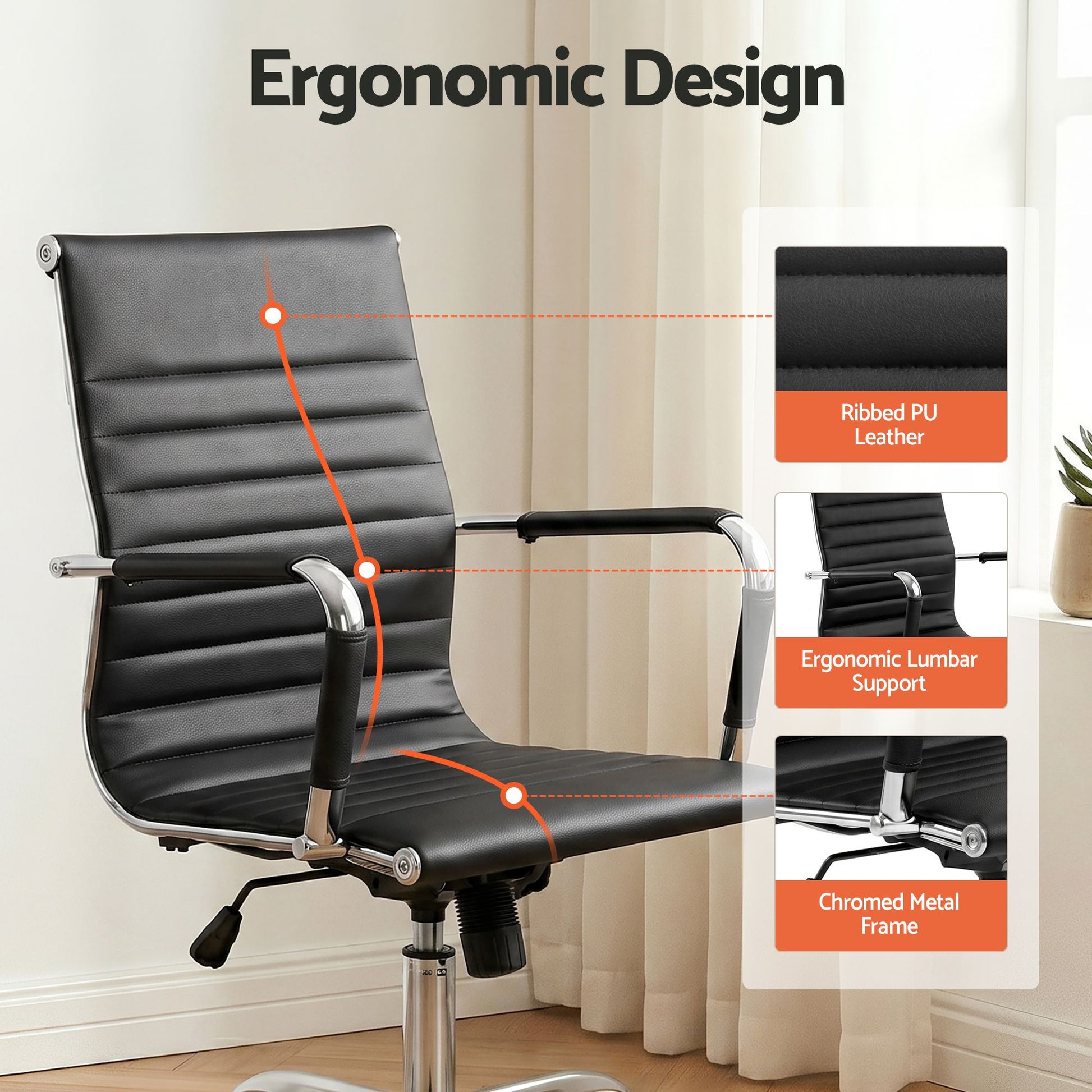 Black leather office chair with front angle shown