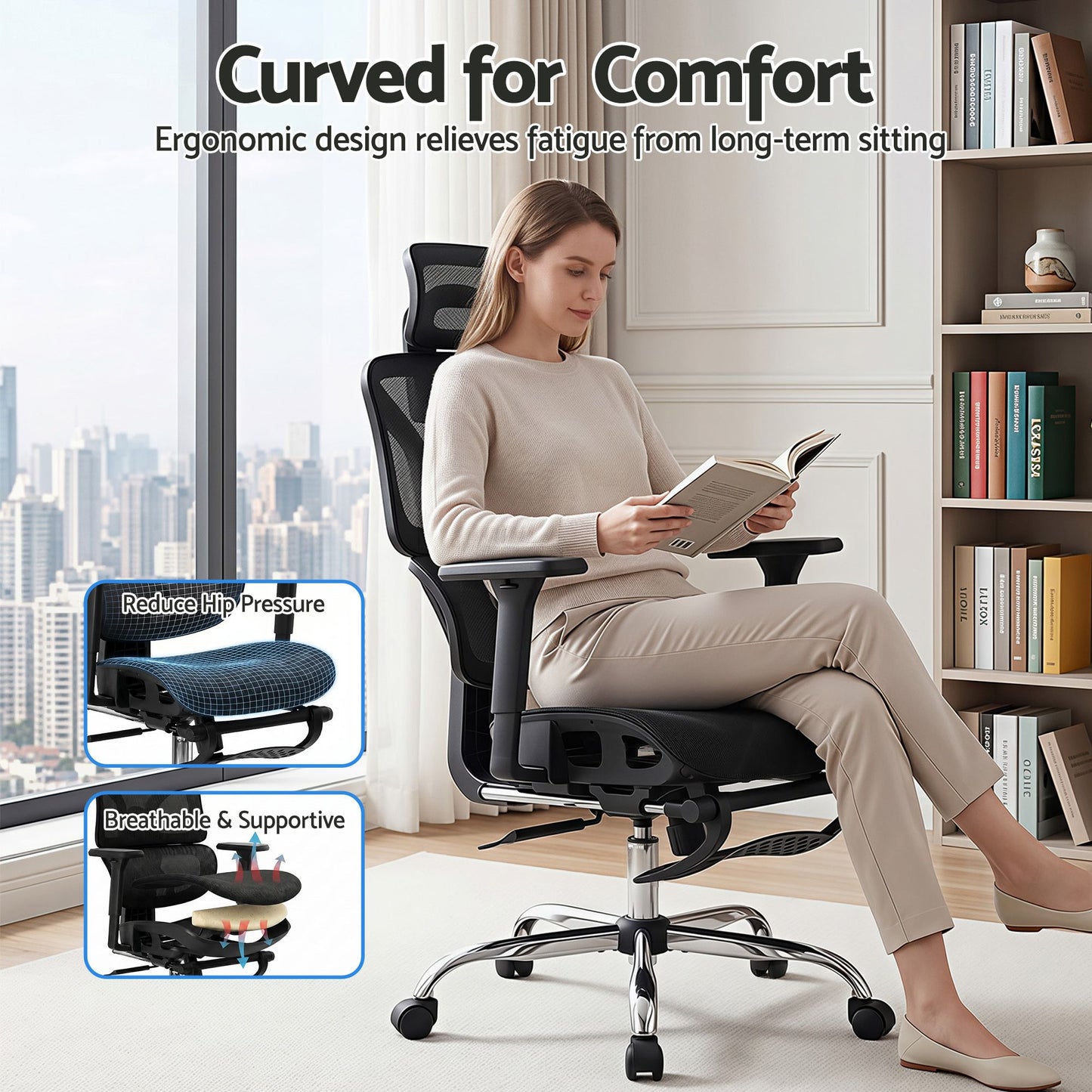 Ergonomic Office Chair with Footrest - Black