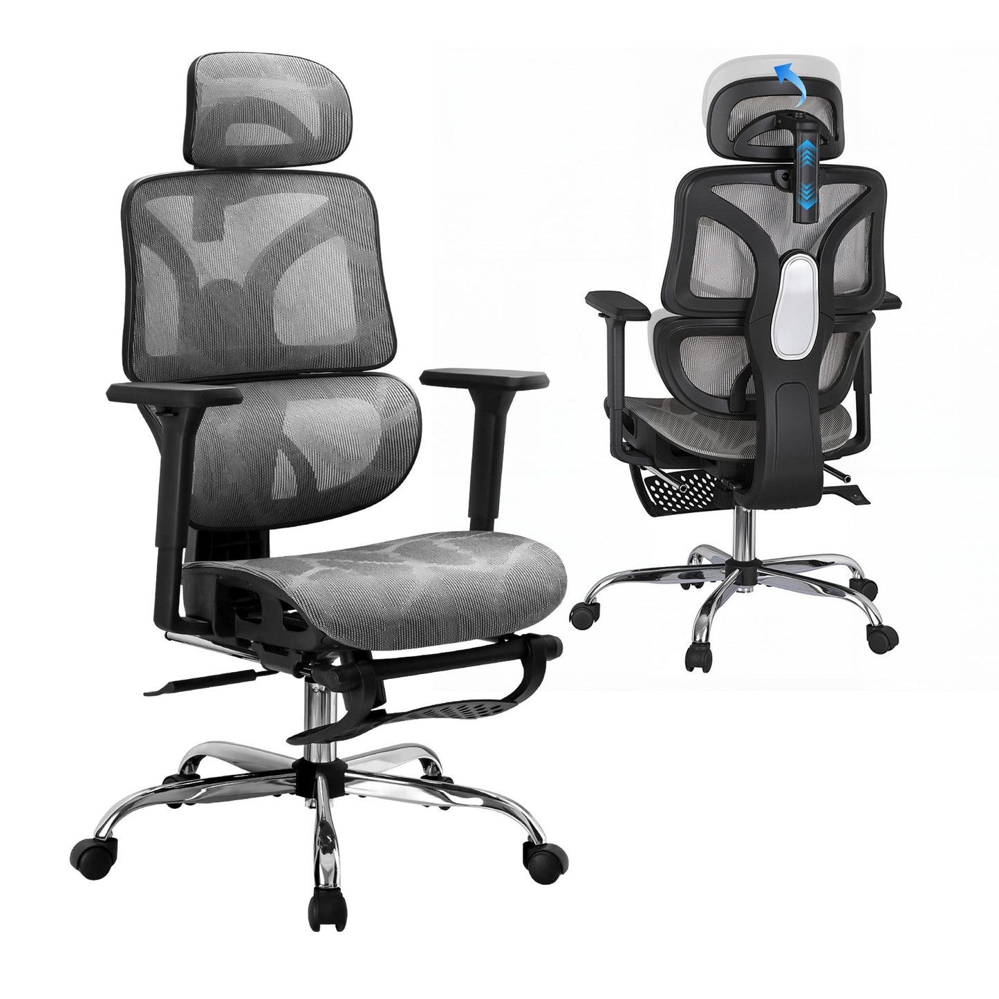 Ergonomic Office Chair with Footrest - Grey
