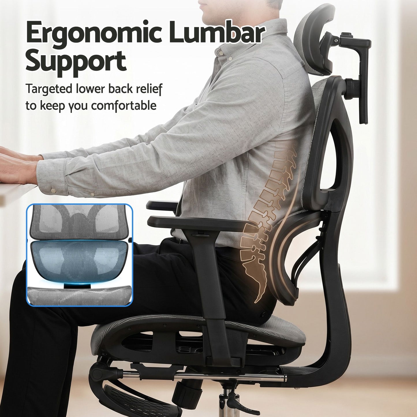 Ergonomic Office Chair with Footrest - Grey