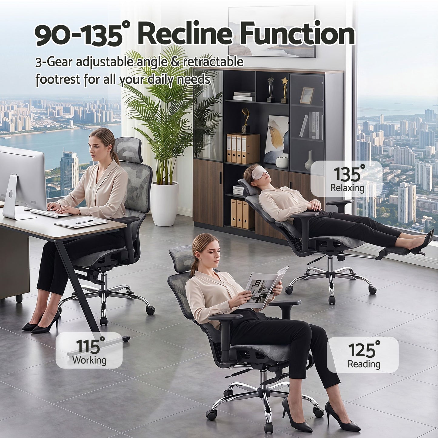 Ergonomic Office Chair with Footrest - Grey