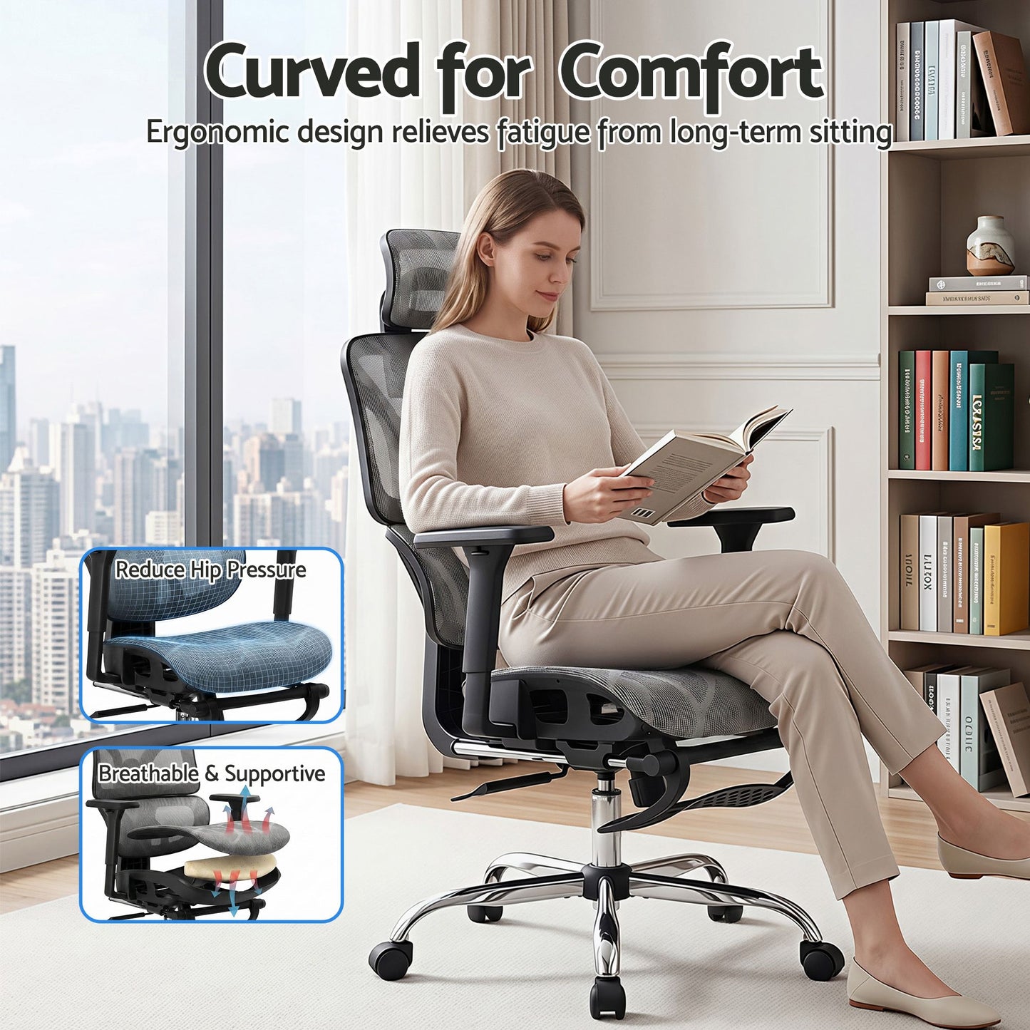 Ergonomic Office Chair with Footrest - Grey