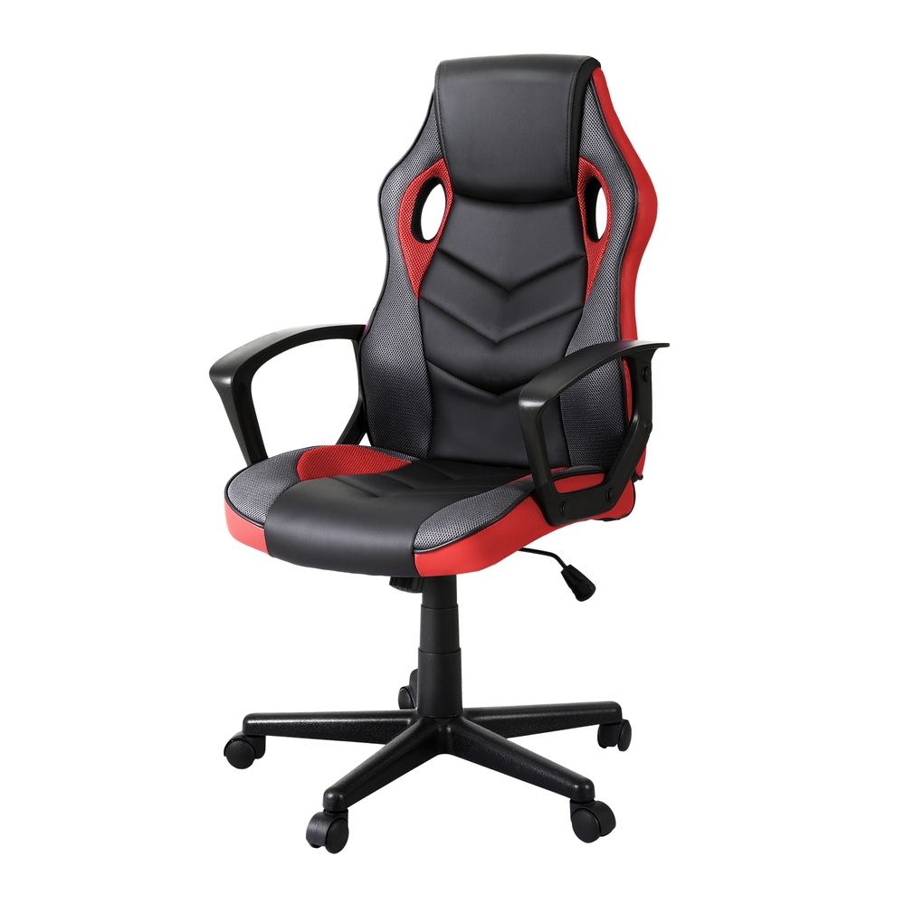 Red office chair with padded seat and sturdy metal frame