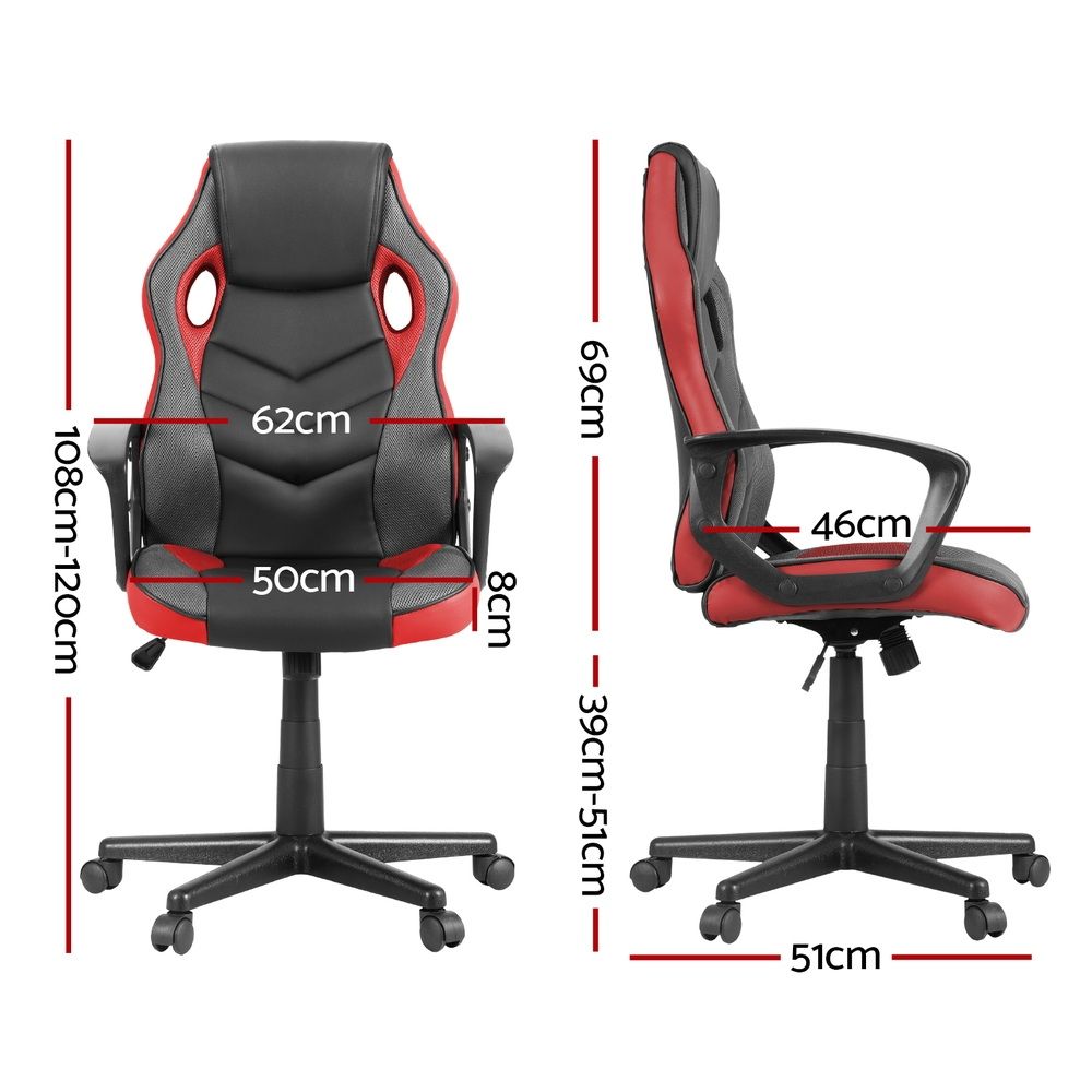 Red office chair with hanging seat and stand supports
