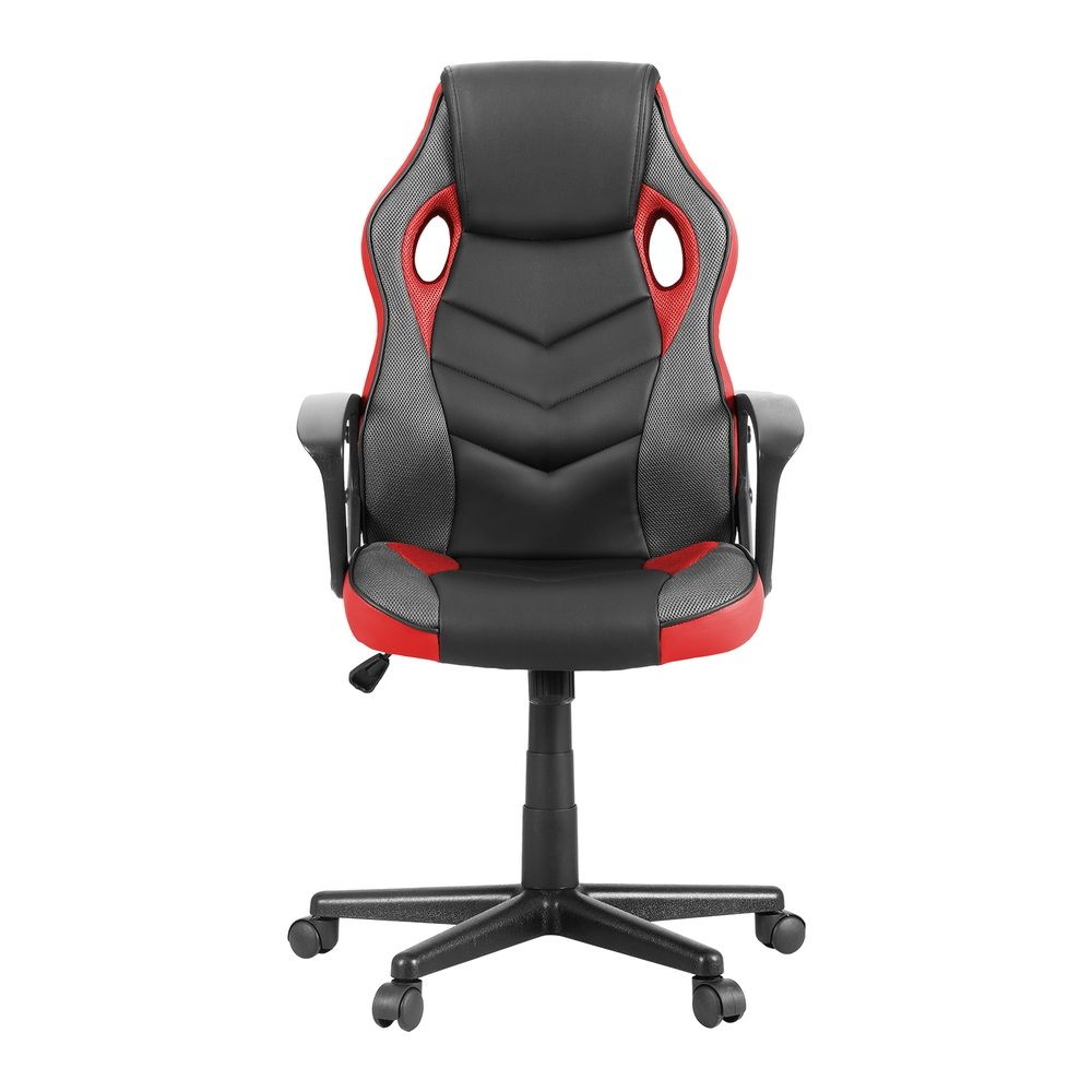 Red office chair with padded seat and support frame