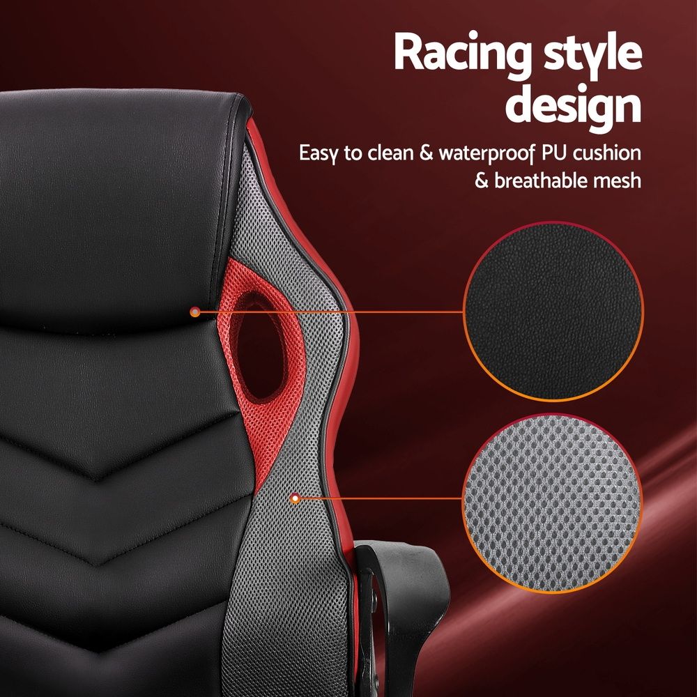 Red office chair with upholstered seat and curved back