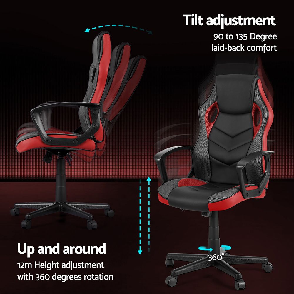 Red office chair with mesh backrest and caster base
