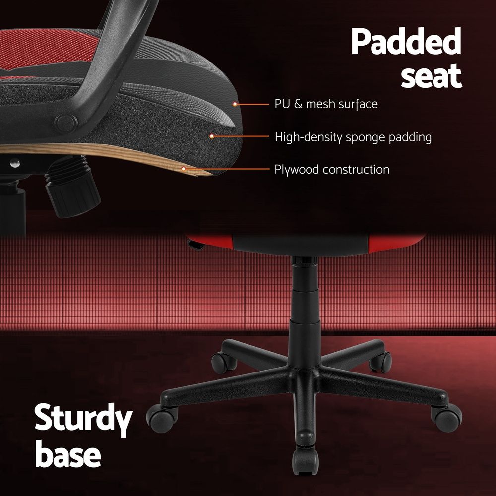 Red office chair with cushioned seat and backrest