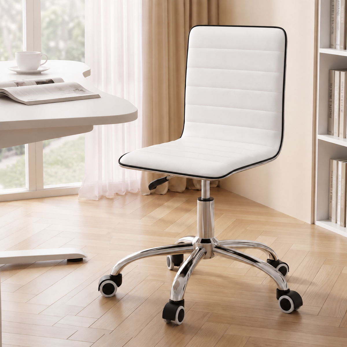Office Chair Computer Desk Gaming Chair PU Leather Low Back - White