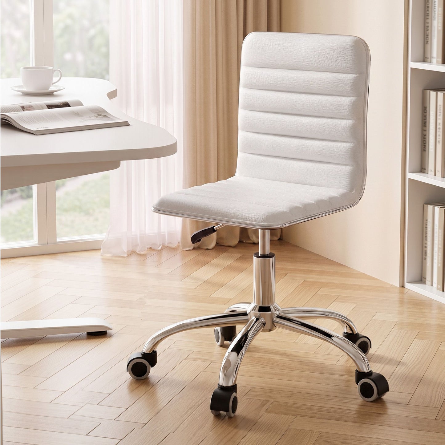Office Chair Computer Desk Gaming Chair PU Leather Low Back - White