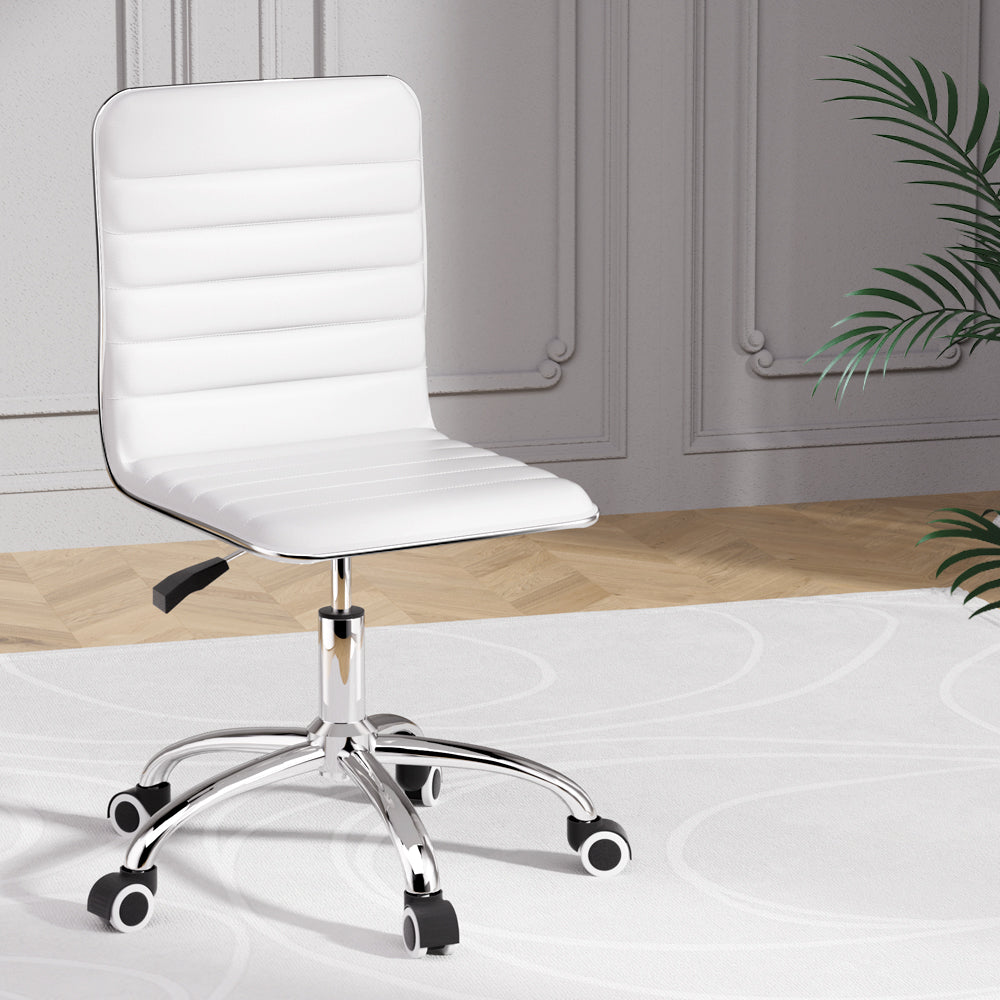 Office Chair Computer Desk Gaming Chair PU Leather Low Back - White