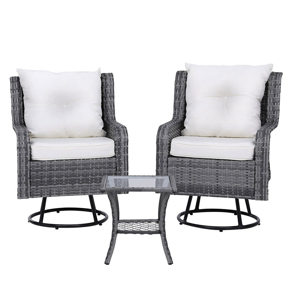 3PC Outdoor Furniture Bistro Set Lounge Wicker Swivel Chairs Table Cushion Grey