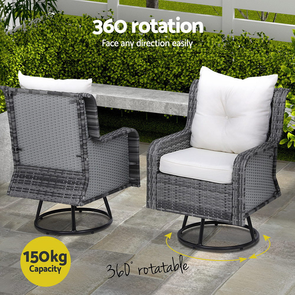 3PC Outdoor Furniture Bistro Set Lounge Wicker Swivel Chairs Table Cushion Grey