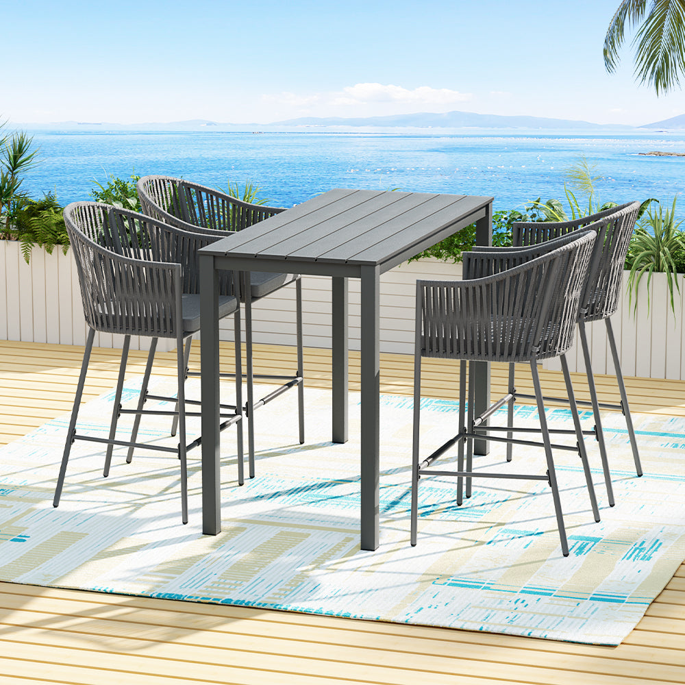 5-Piece Outdoor Bar Set Dining Table Rope Chair Patio Bistro Set