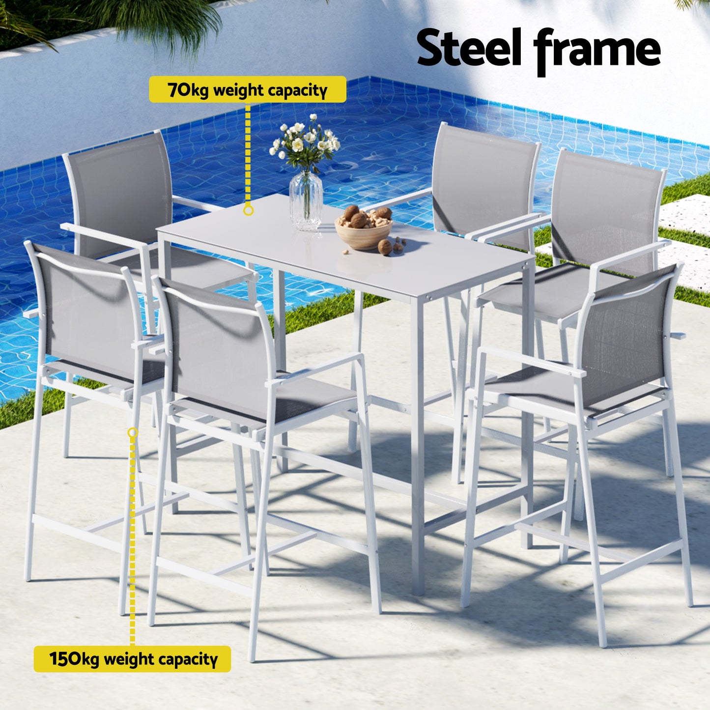 White steel outdoor bar table and stools set