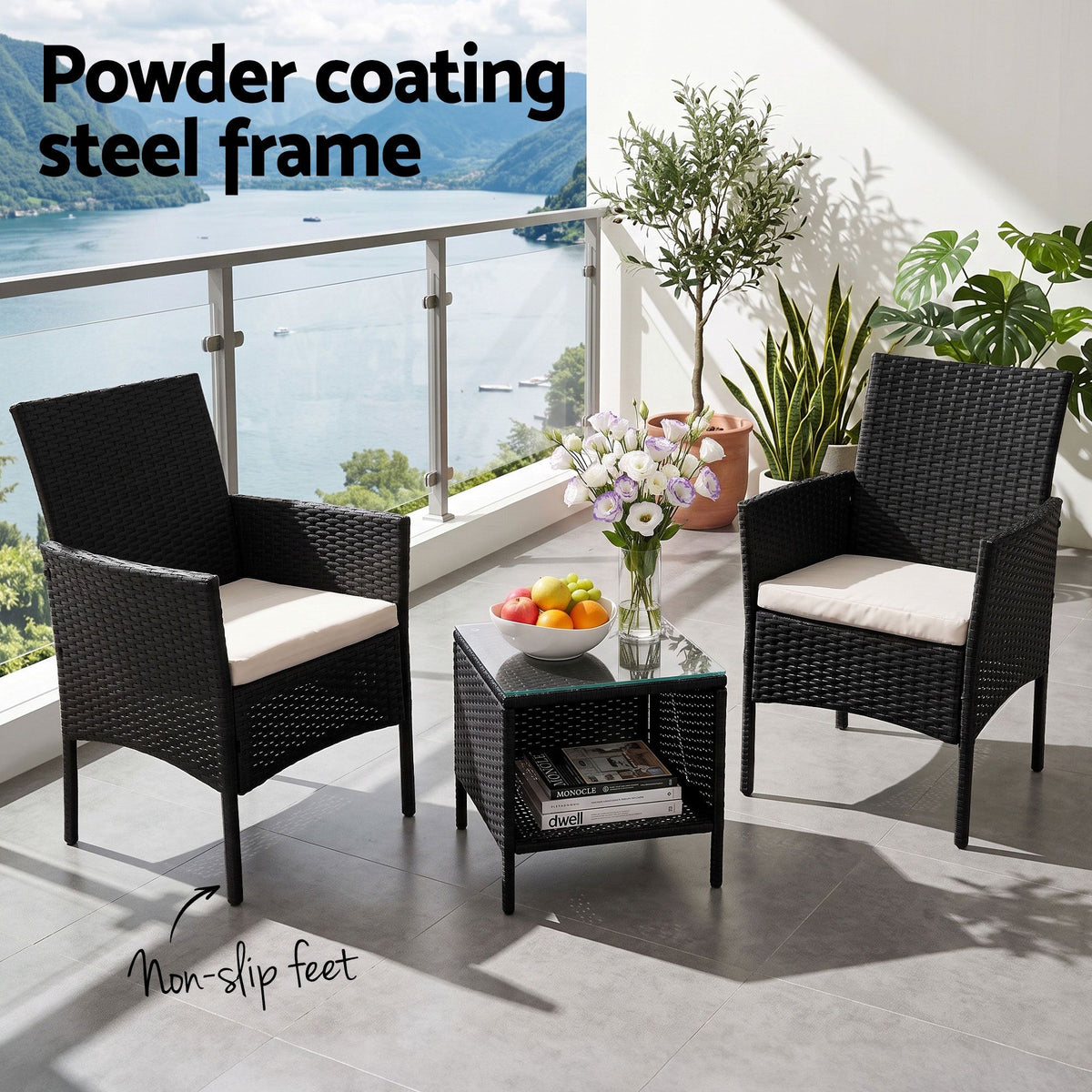 Outdoor Furniture Set 3 Piece Wicker - Black