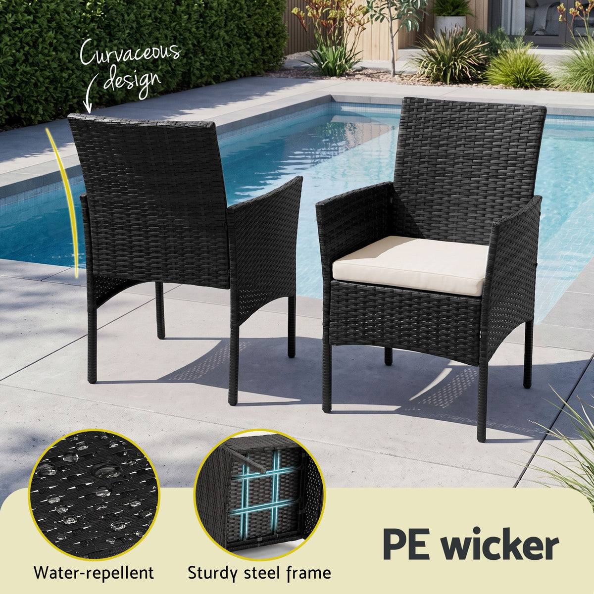 Outdoor Furniture Set 3 Piece Wicker - Black