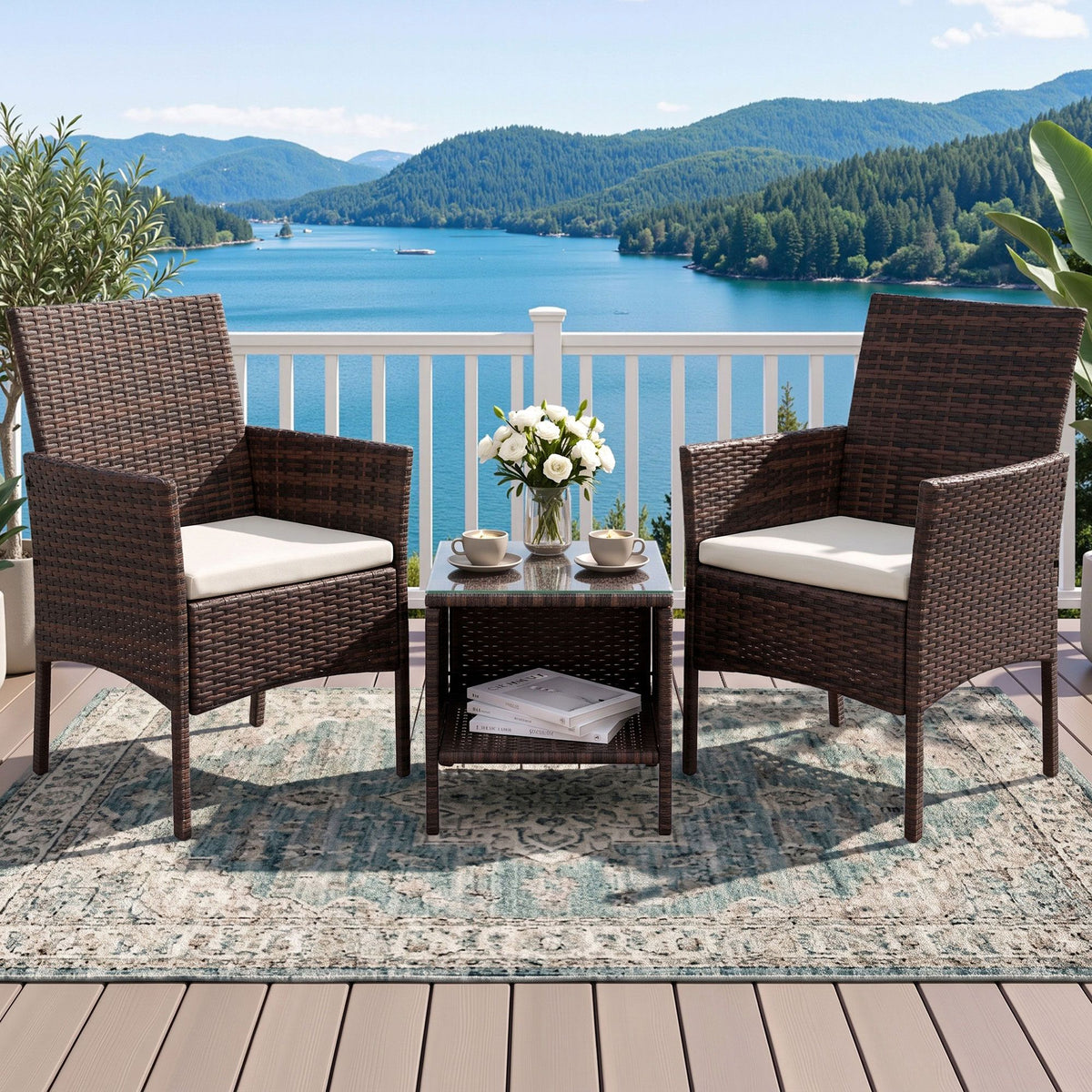 Wicker Outdoor Furniture Set (3pc), Brown