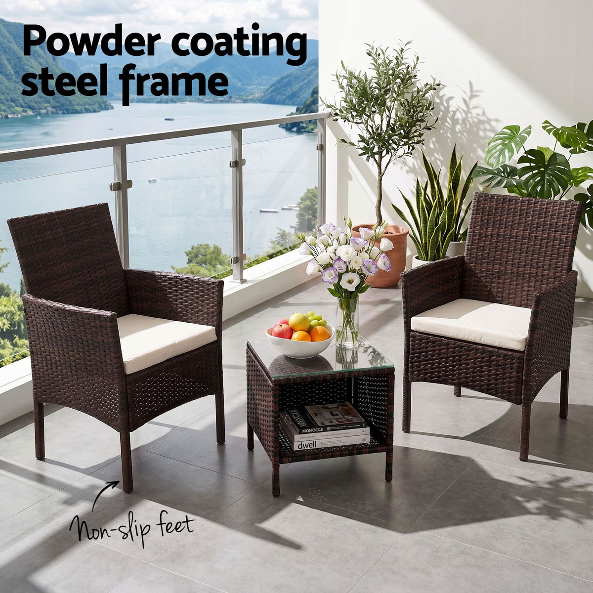 Wicker Outdoor Furniture Set (3pc), Brown