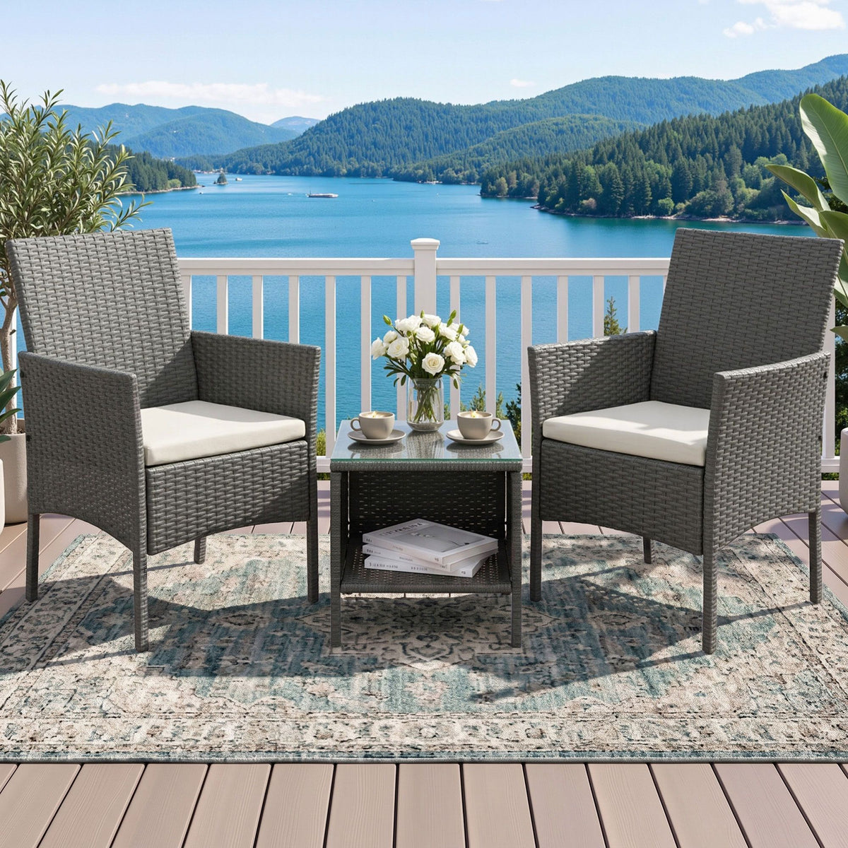 Outdoor Chair Side Table Furniture Set 3 Piece Wicker - Grey