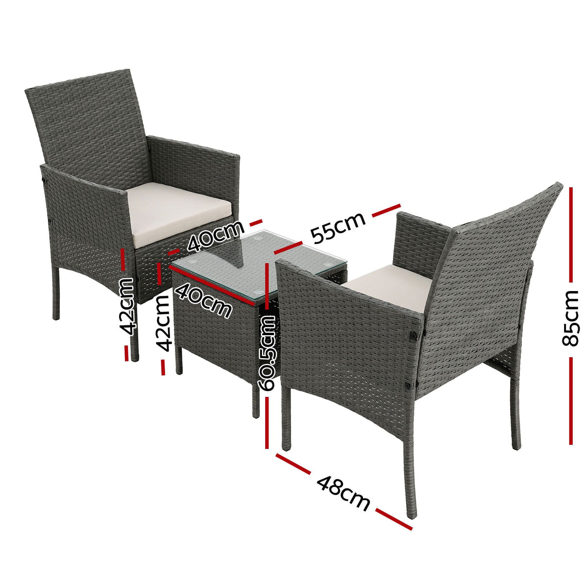 Outdoor Chair Side Table Furniture Set 3 Piece Wicker - Grey