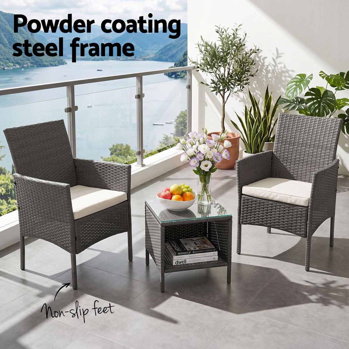 Outdoor Chair Side Table Furniture Set 3 Piece Wicker - Grey