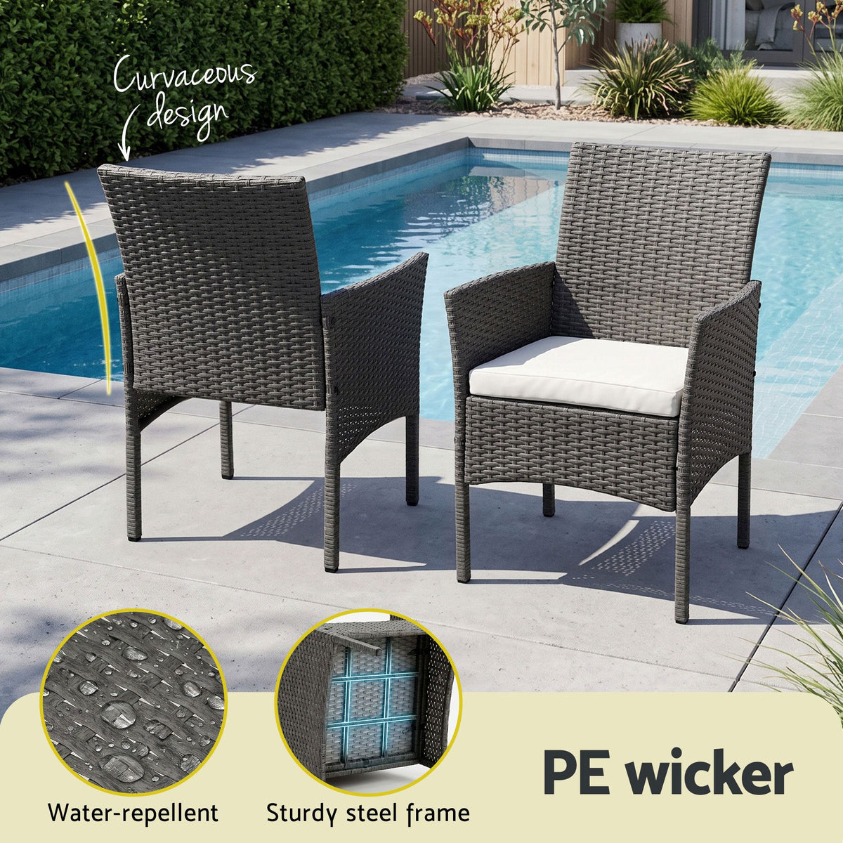 Outdoor Chair Side Table Furniture Set 3 Piece Wicker - Grey