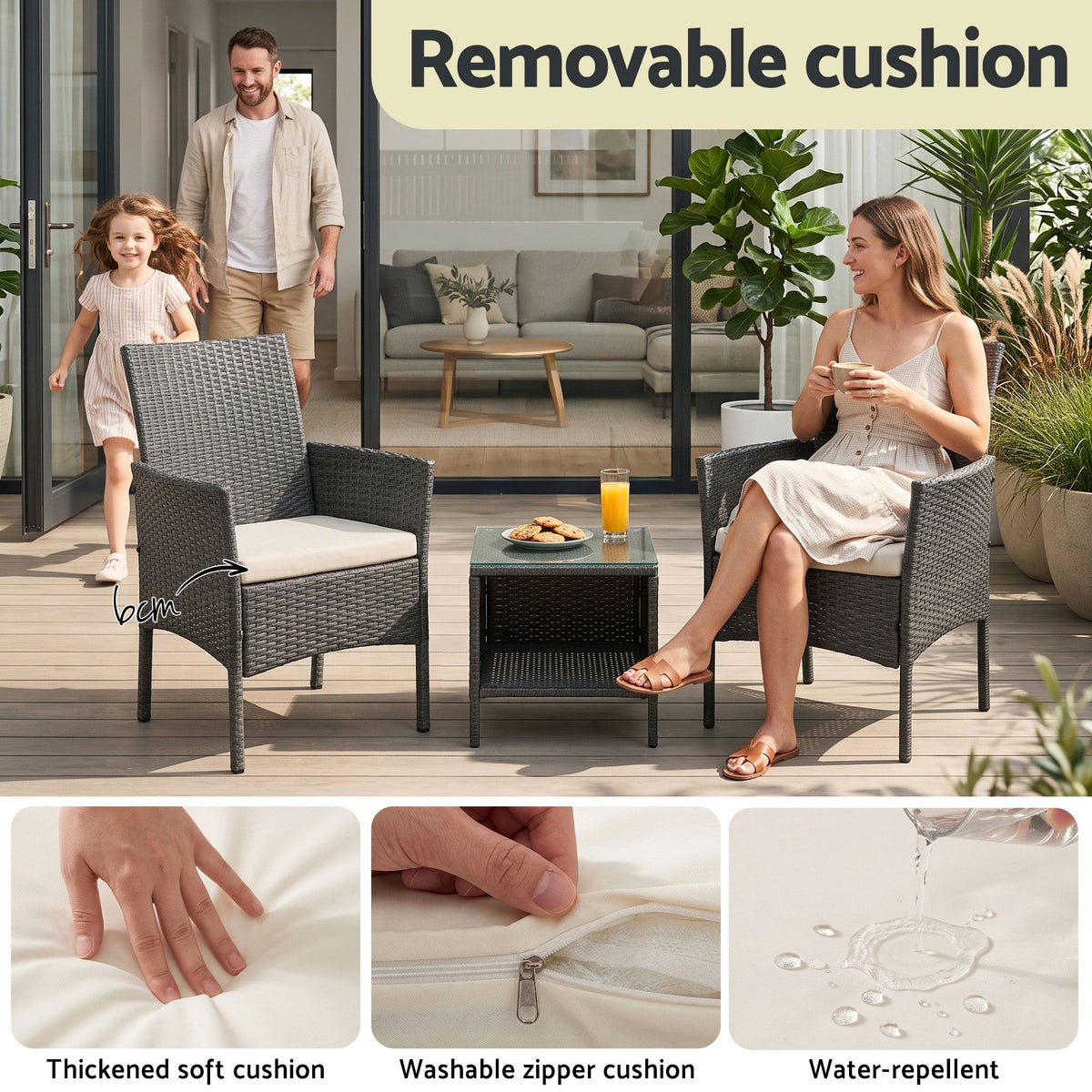 Outdoor Chair Side Table Furniture Set 3 Piece Wicker - Grey
