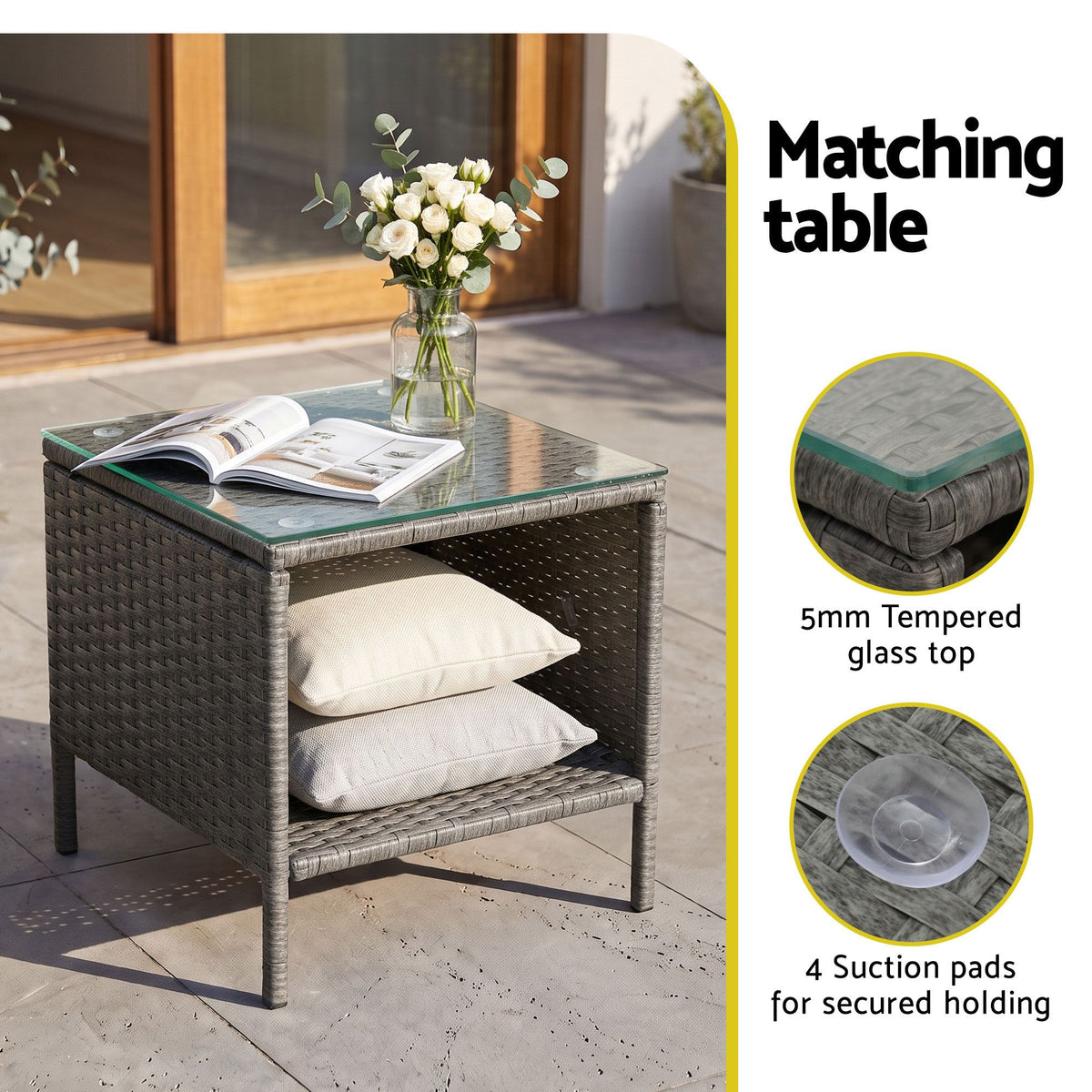 Outdoor Chair Side Table Furniture Set 3 Piece Wicker - Grey