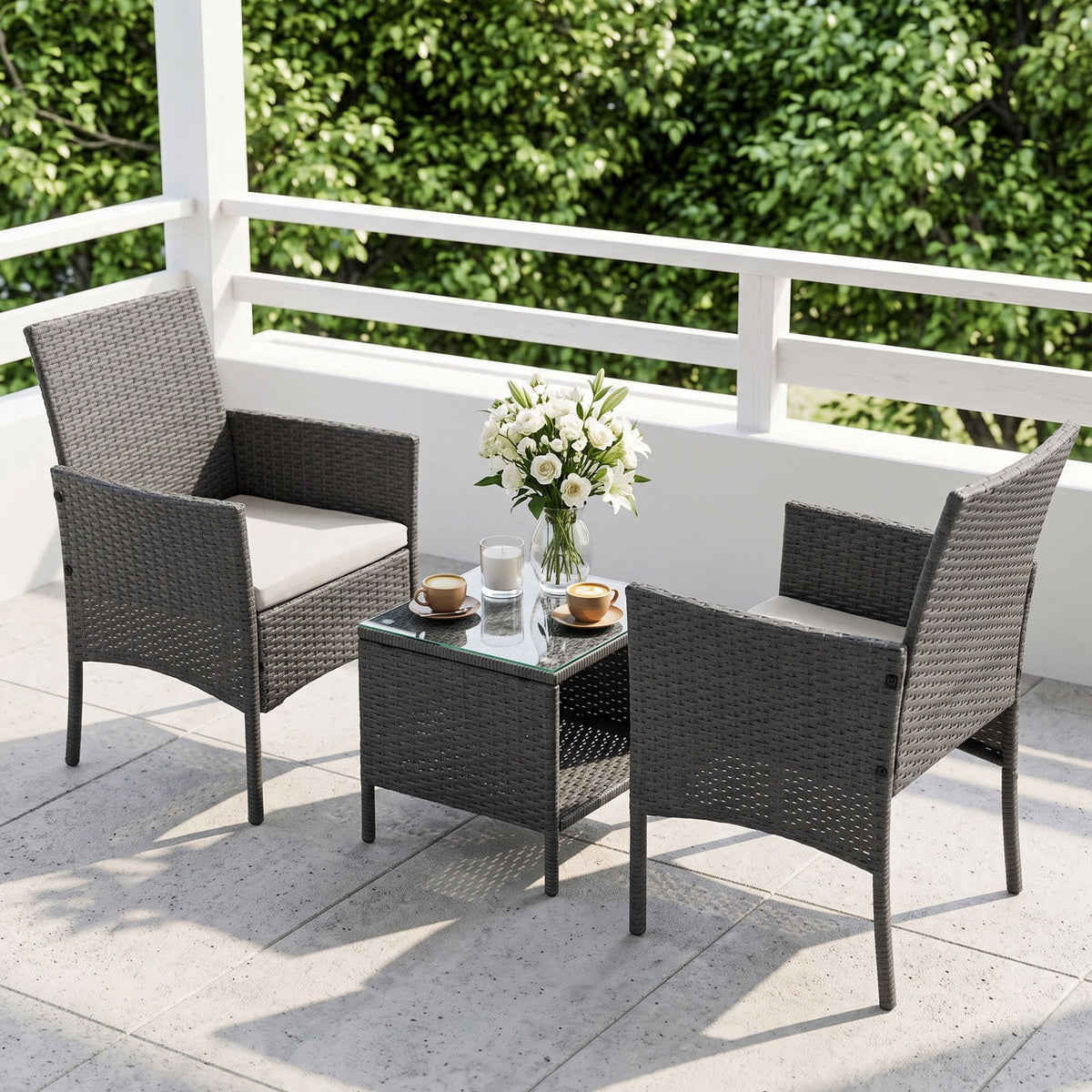Outdoor Chair Side Table Furniture Set 3 Piece Wicker - Grey