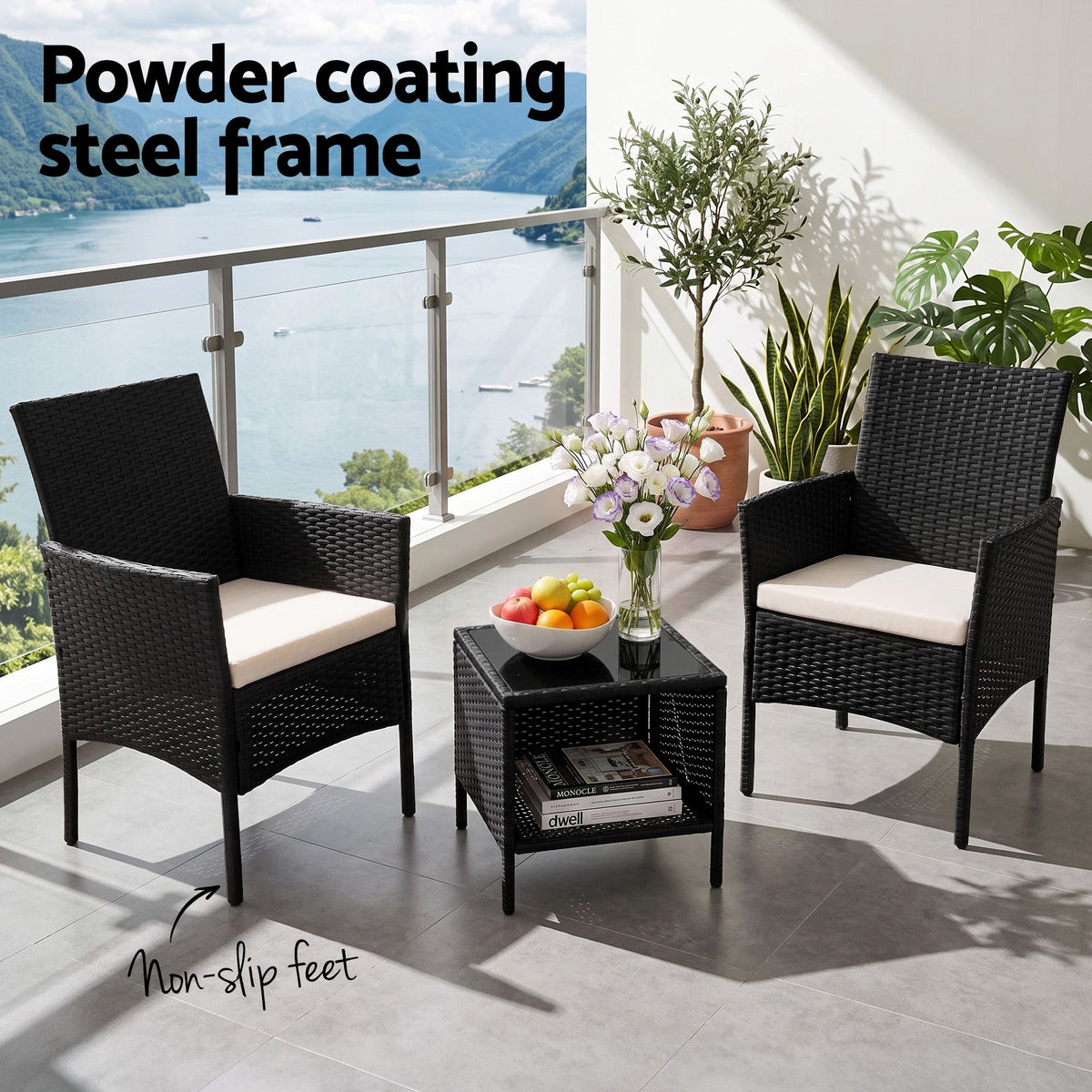 Bistro Wicker Outdoor Furniture Set (3pc), Black