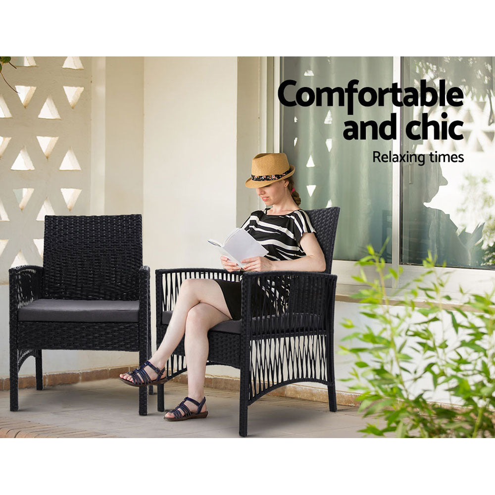Outdoor Furniture Set of 2 Dining Chairs Wicker Garden Patio with Cushion Black HomeMyGarden