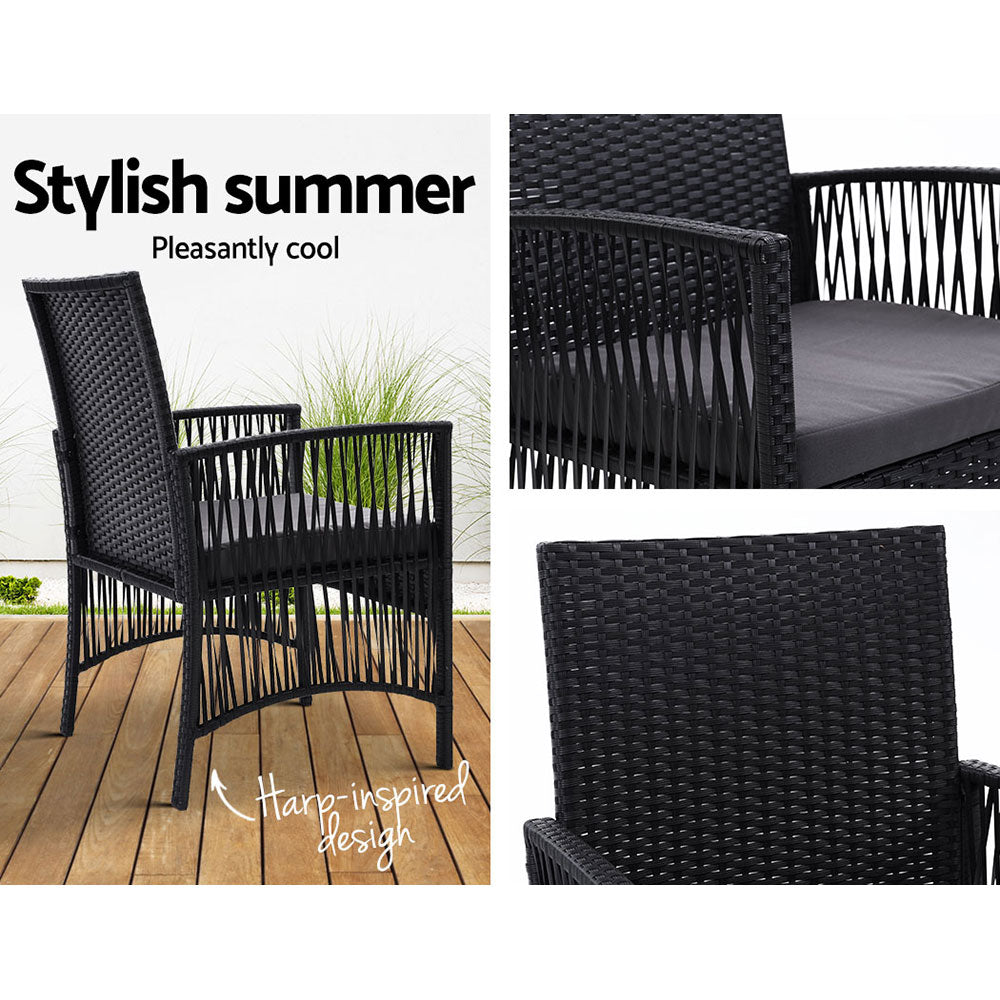 Outdoor Furniture Set of 2 Dining Chairs Wicker Garden Patio with Cushion Black HomeMyGarden