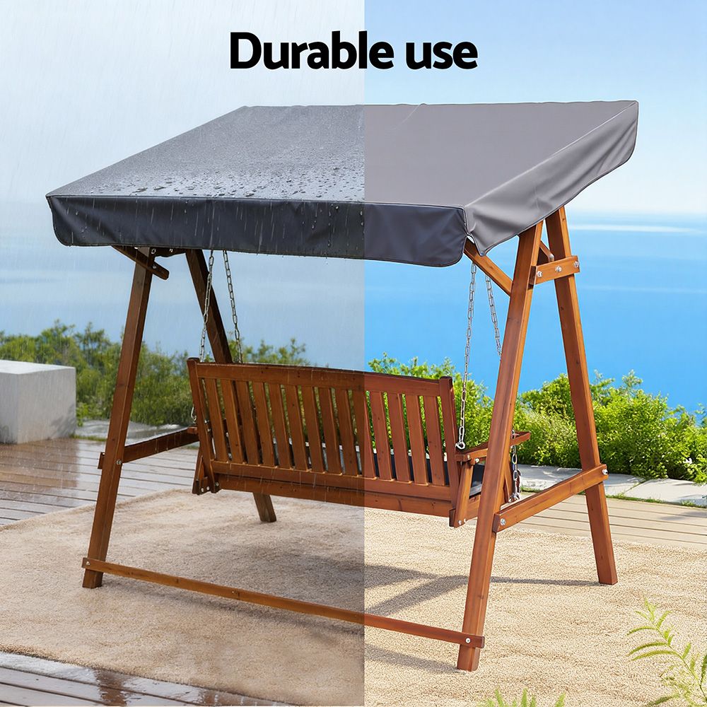 Wooden swing chair with upholstered seat and curved back