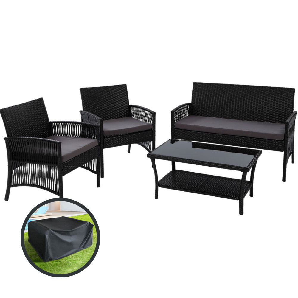 Gardeon 4PCS Outdoor Lounge Setting Sofa Set Patio Wicker Furniture Black Cover