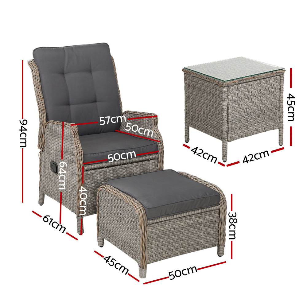 Recliner Chairs Table 5PC Sun Lounge Outdoor Furniture Wicker Adjustable - Grey