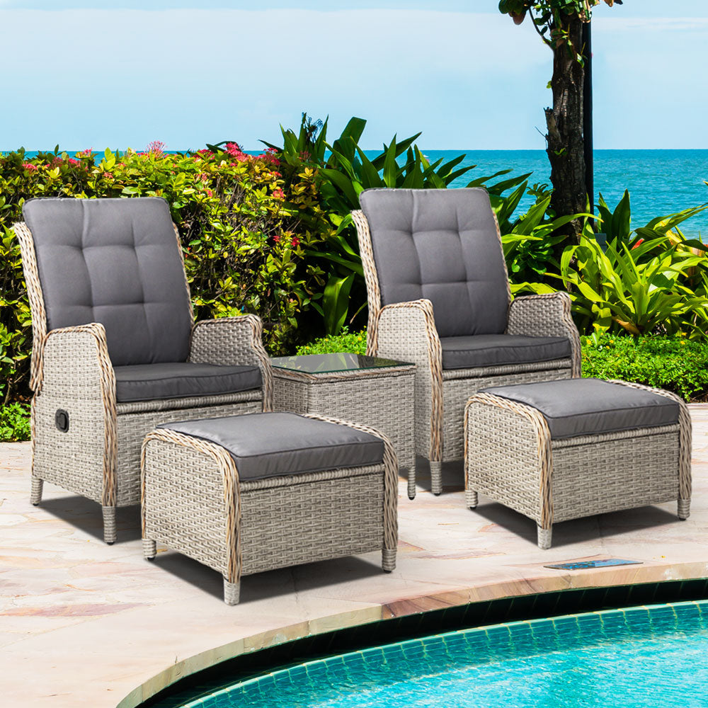 5PC Recliner Chairs Table Sun lounge Wicker Outdoor Furniture Adjustable Grey