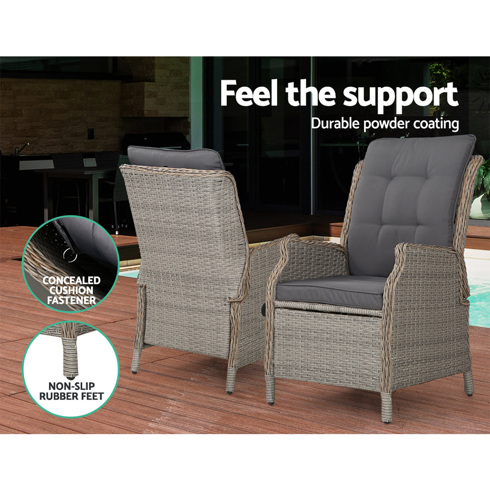 5PC Recliner Chairs Table Sun lounge Wicker Outdoor Furniture Adjustable Grey