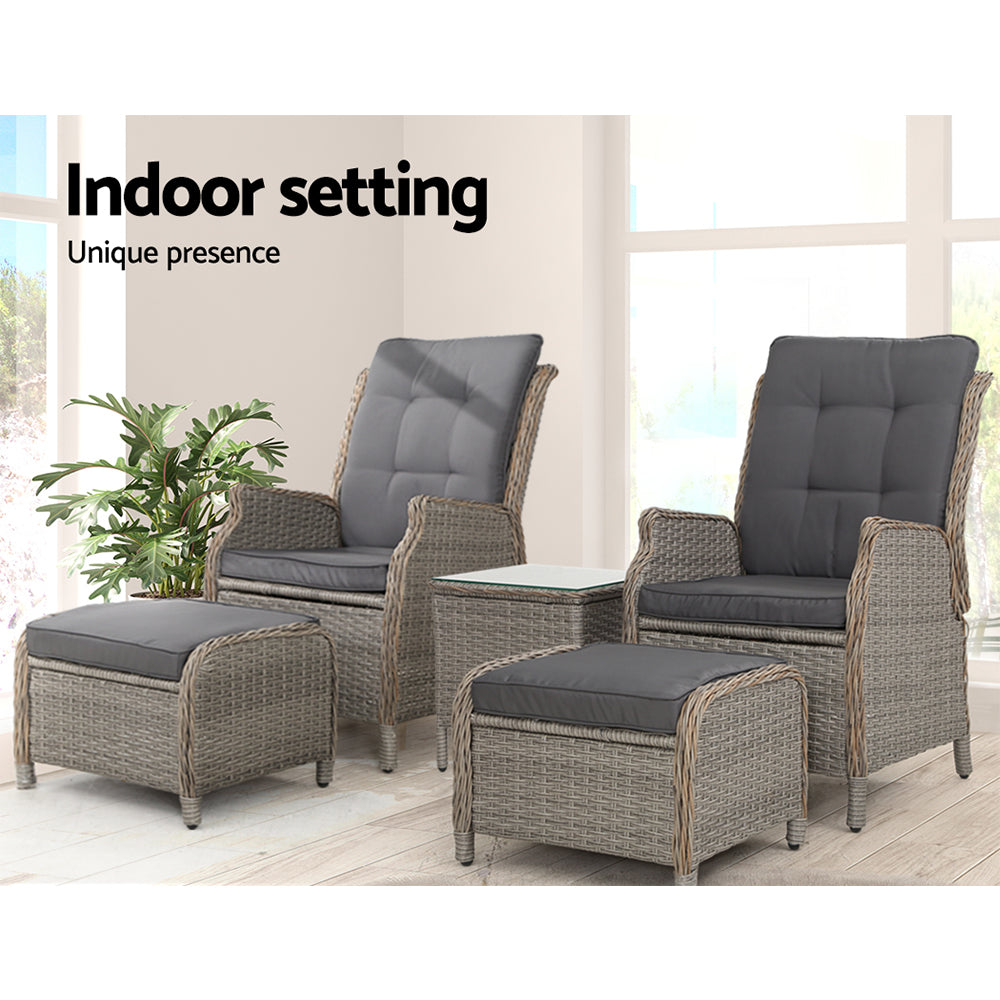 Recliner Chairs Table 5PC Sun Lounge Outdoor Furniture Wicker Adjustable - Grey