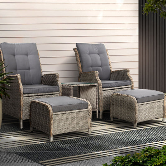 Recliner Chairs Table 5PC Sun Lounge Outdoor Furniture Wicker Adjustable - Grey
